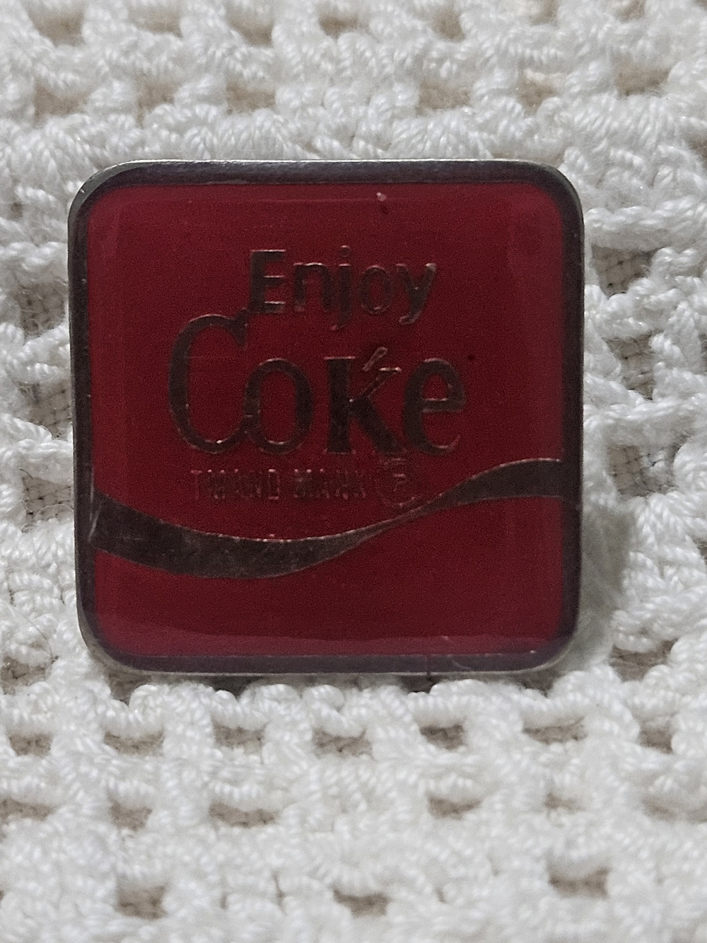 Vintage Coca-Cola pin featuring Iconic Red Square Design  "Enjoy Coke" Slogan